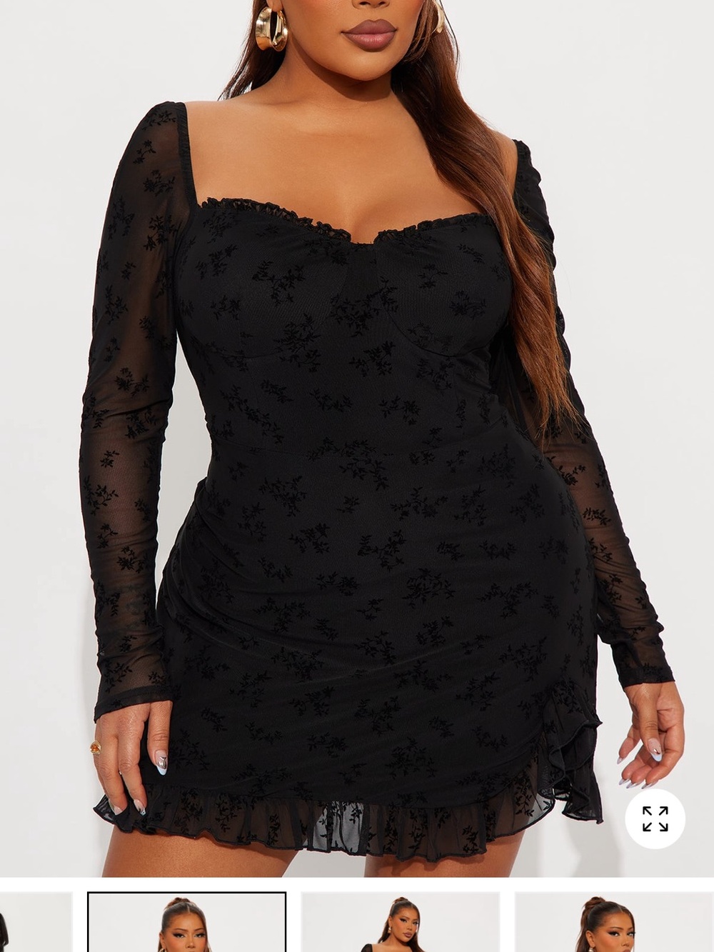 Fashion Nova Black Floral Mesh Long Sleeve Mini Dress